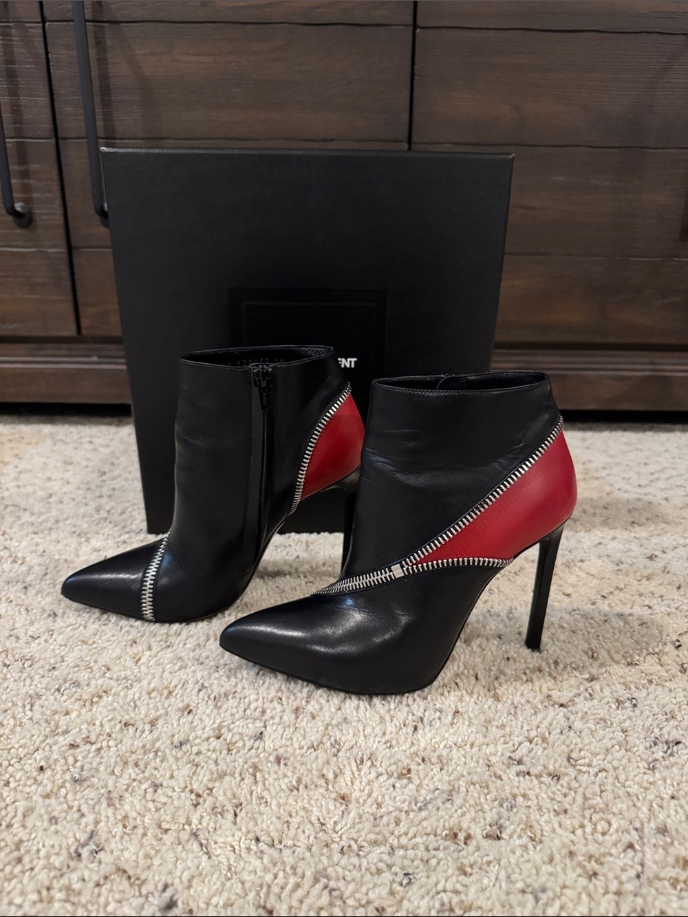 YSL Black and Red Leather Pointed Stiletto Ankle Boots